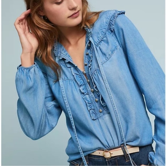 Anthropologie Maeve Chambray Ruffle Long Sleeve Top - Picture 2 of 15
